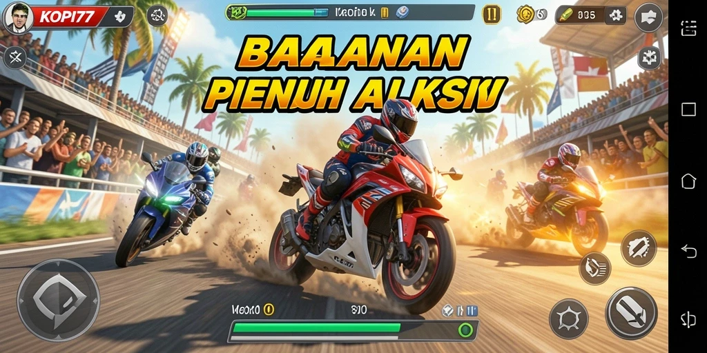 Screenshot gameplay KOPI77 menampilkan balapan motor yang seru dan menegangkan.