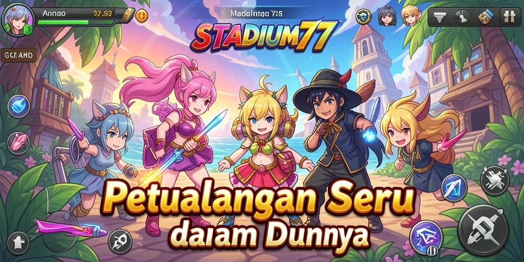 Tampilan gameplay STADIUM77 yang penuh aksi dan karakter anime.